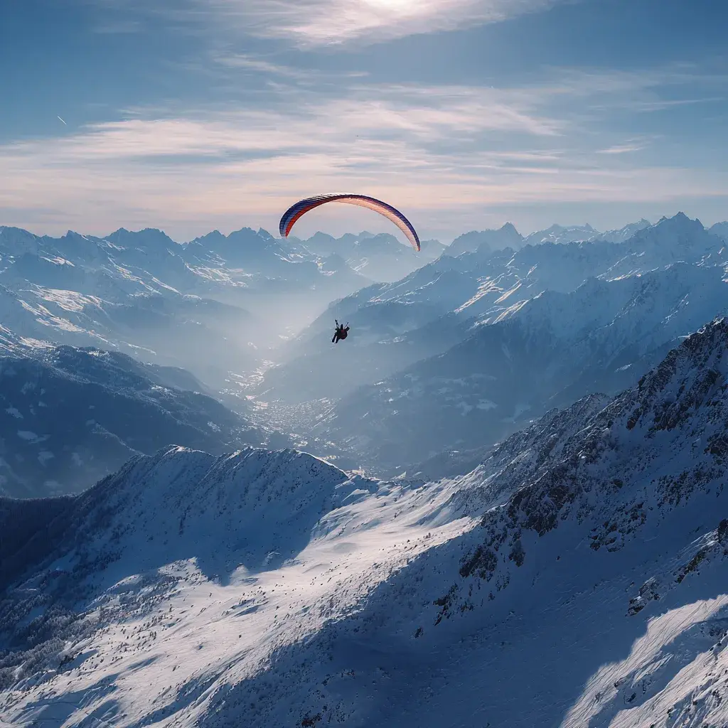 Parapente en hiver — vue sur les Alpes valaisannes depuis Arolla