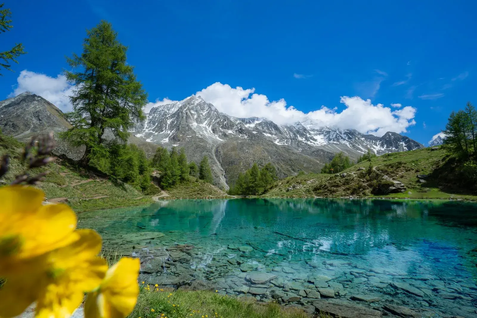 The turquoise Blue Lake of Arolla at the foot of the snow-capped peaks